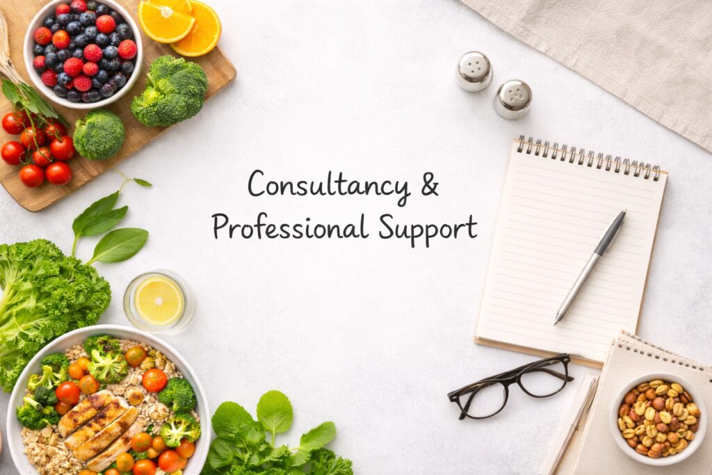 Nutrition consultation notes on a desk with notebook and pen