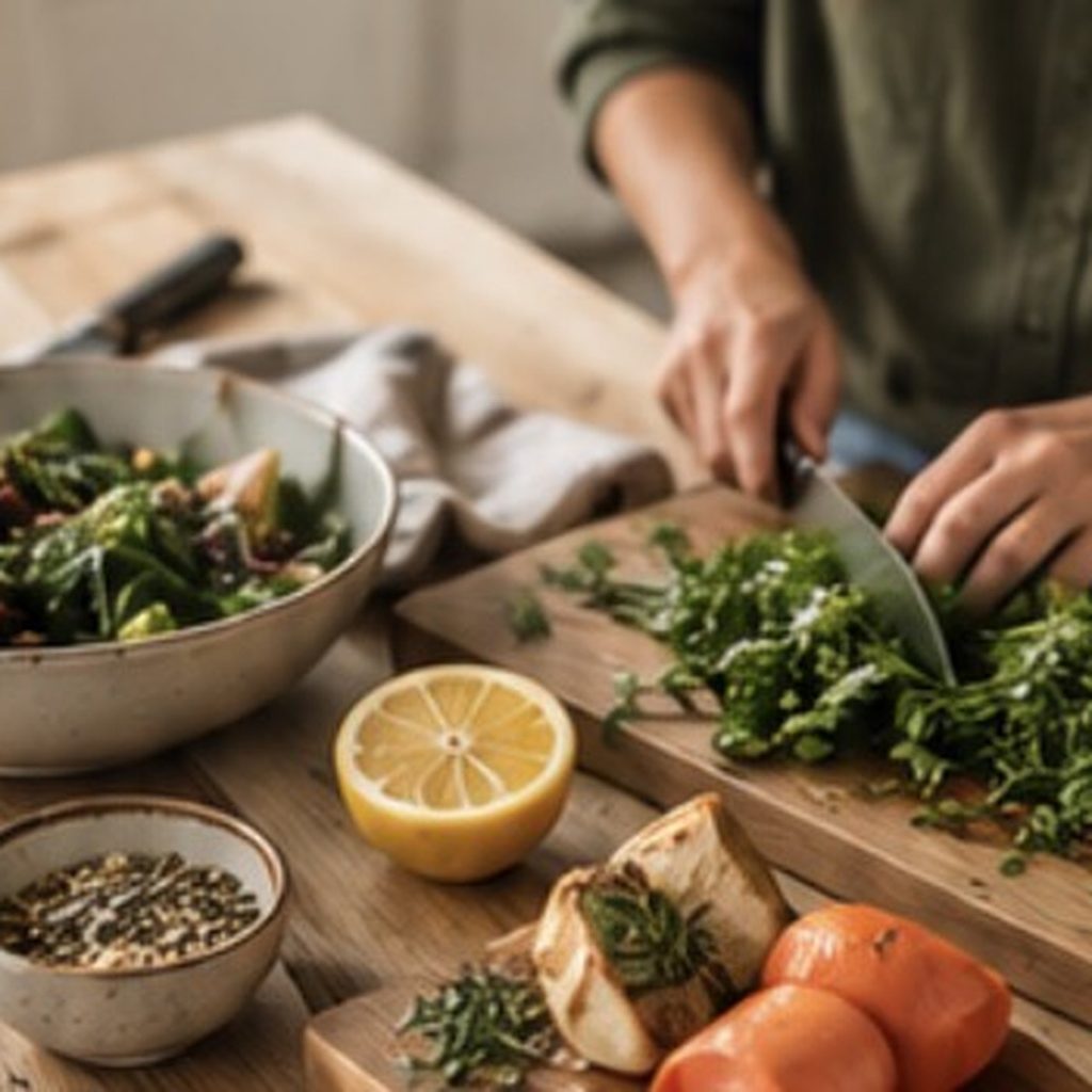 Woman preparing fresh vegetables and herbs on a wooden kitchen worktop, with a salad bowl and lemon nearby.